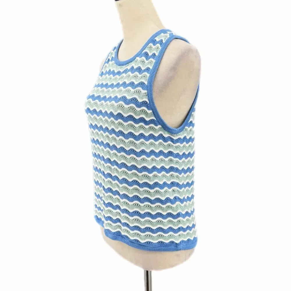 Marine Layer Blue White 100% Cotton Scalloped Wavy Knit Sleeveless Sweater Tank